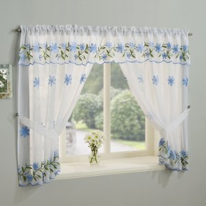 TORQUAY BLUE EMBROIDERED WINDOW SET WITH ATTACHED VALANCE & TIE BACKS