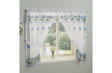 TORQUAY BLUE EMBROIDERED WINDOW SET WITH ATTACHED VALANCE & TIE BACKS
