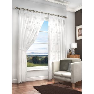 MERTON WHITE VOILE WITH WHITE EMBROIDERED DESIGN PAIR OF CURTAINS WITH TIEBACKS & PENCIL PLEAT HEADI