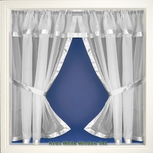 AVON WHITE RIBBON TRIM VOILE WINDOW SET