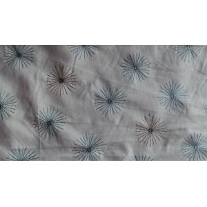 WHITE COTTON WITH PALE BROWN & BLUE EMBROIDERED FLOWER PRICE IS  PER METRE