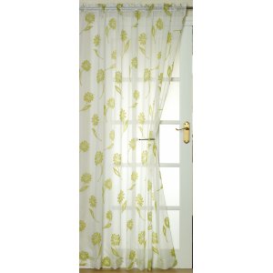 Sicily white voile with lime flocked floral design