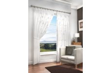 MERTON WHITE VOILE WITH WHITE EMBROIDERED DESIGN PAIR OF CURTAINS WITH TIEBACKS & PENCIL PLEAT HEADI