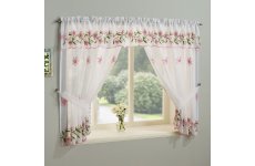 TORQUAY PINK EMBROIDERED WINDOW SET WITH ATTACHED VALANCE & TIE BACKS