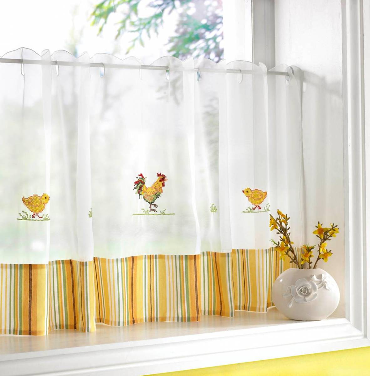 Easter Novelty Cafe Net Curtain Chicken Daffodil Sold By The Metre