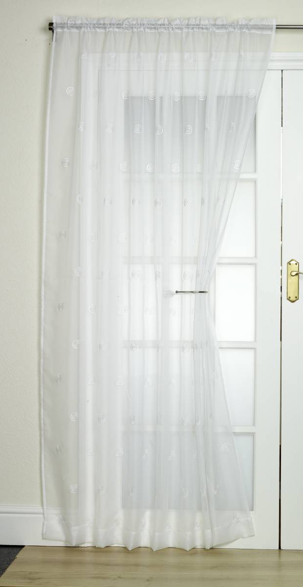 SUDBURY WHITE WITH WHITE EMBROIDERED CIRCLES EACH PANEL IS 147CM WIDE